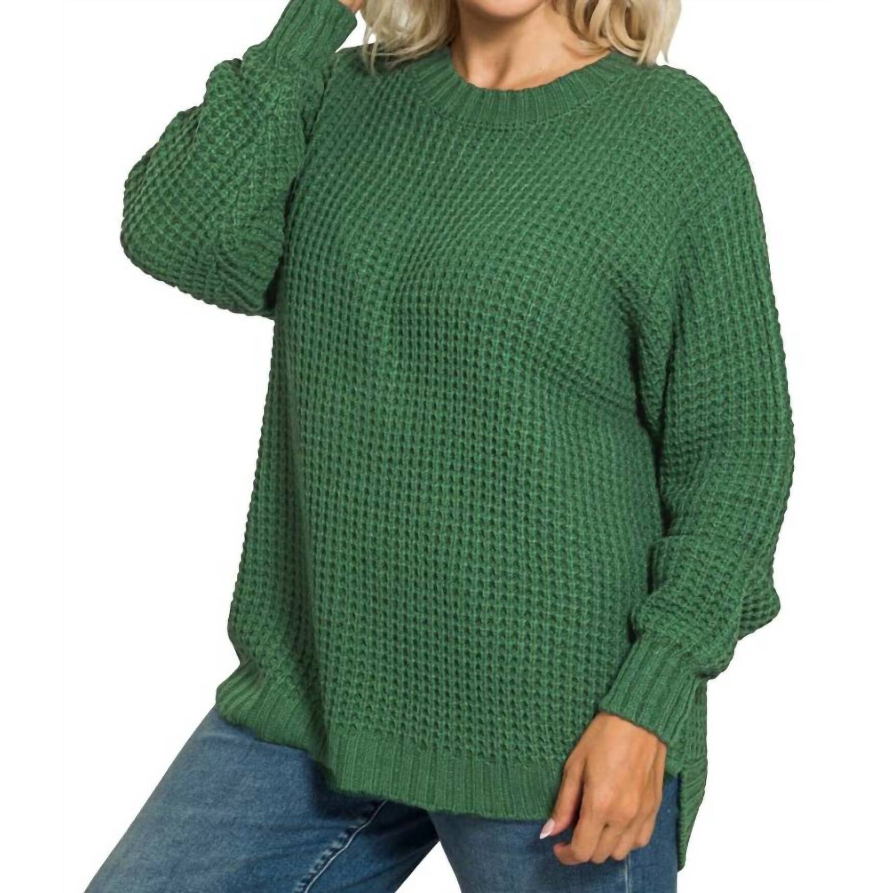 New 42pops High Low Basic Waffle Sweater - Plus In Evergreen